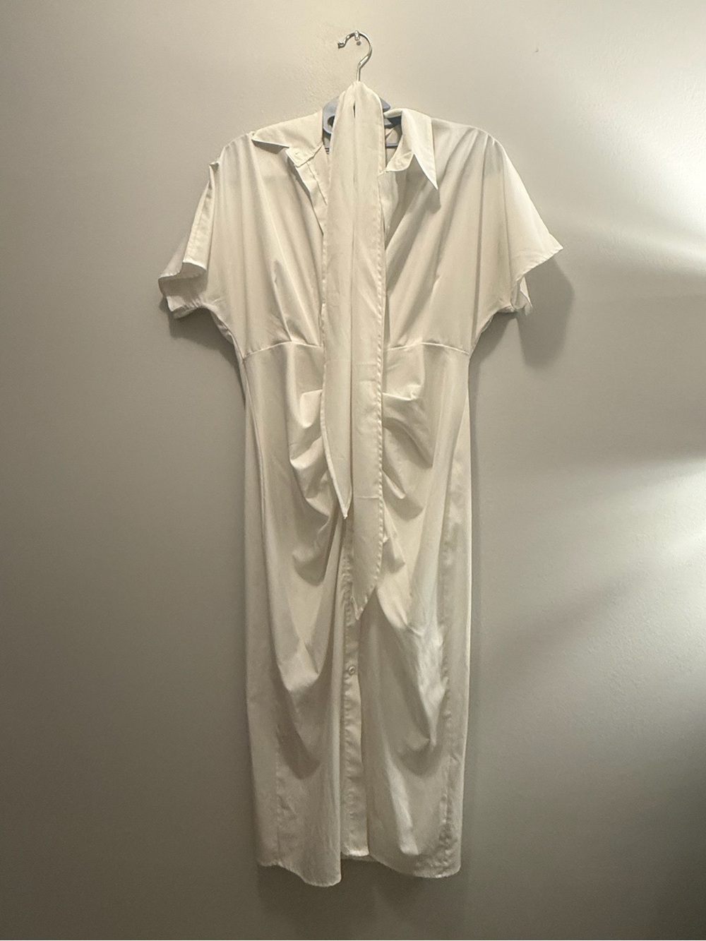 White Button-Down Shirt Dress with WaistTie